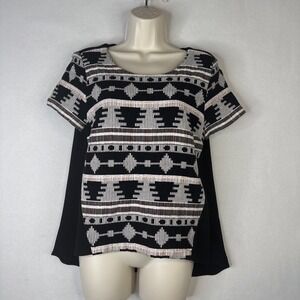 Sunday in Brooklyn Tapestry Top Womens Black Boho Hi Low Hem Blouse